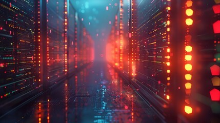A futuristic server room with glowing red and blue lights.  The rows of servers create a sense of depth and mystery.
