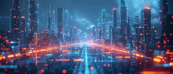 Naklejka premium Autonomous vehicle highway, futuristic city skyline, digital network overlays, seamless integration of AI technology, smart transportation system