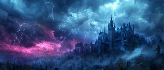 Ancient castle with dark clouds, lightning, and thunder, ominous setting, horror theme