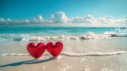 Fototapeta premium Valentine's Day background, two red paper hearts on white beach with blue sea and sky