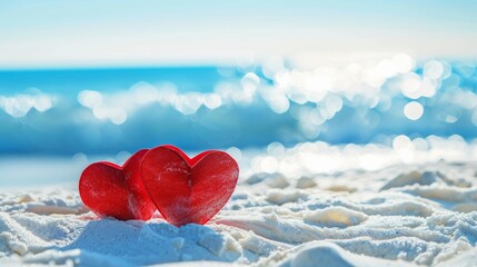 Fototapeta premium Valentine's Day background, two red paper hearts on white beach with blue sea and sky