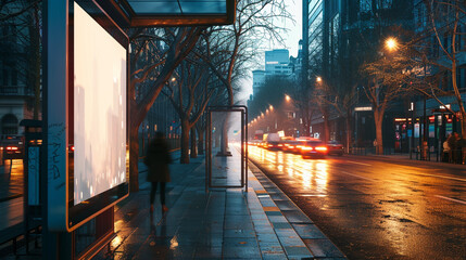 Fototapeta premium Busy avenue bus stop hosting a standard vertical blank billboard during rush hour.