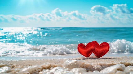 Fototapeta premium Valentine's Day background, two red paper hearts on white beach with blue sea and sky