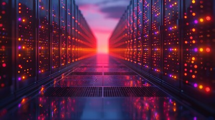 A futuristic server room with rows of glowing servers and a bright light at the end of the hallway.
