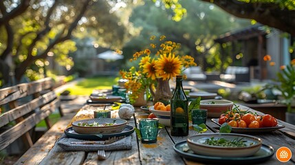 A wooden picnic table laden with vibrant summer dishes and colorful plates, framed by a dreamy, blurred garden backdrop.