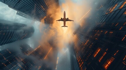 Airplane soars above modern skyscrapers in a bustling city