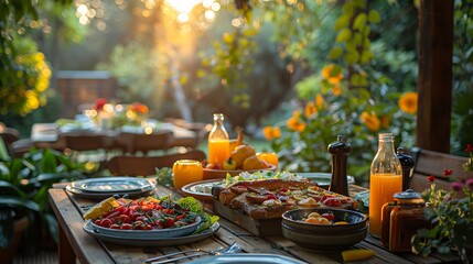 A wooden picnic table laden with vibrant summer dishes and colorful plates, framed by a dreamy, blurred garden backdrop.