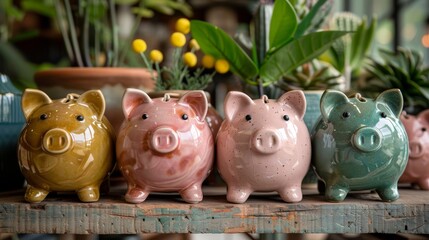 Obraz premium Close shot of four ceramic piggy banks in vibrant colors aligned on a wooden table, with lush green plants in the background