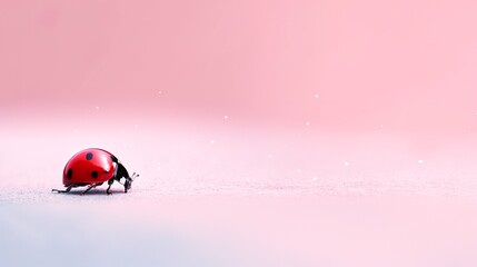 Ladybug shot from the side on a light pink background. Studio photo, minimalistic concept with copy space
