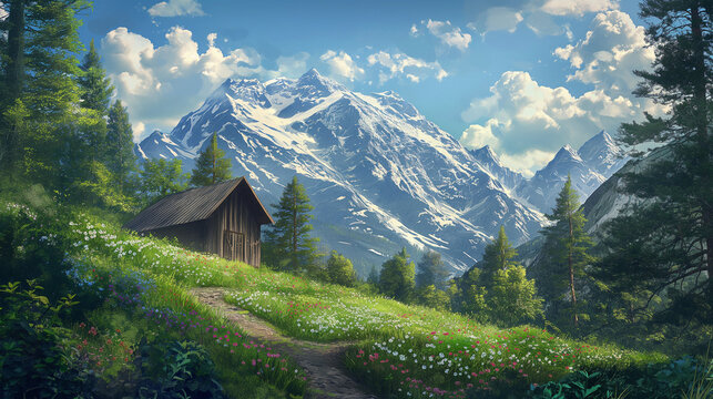 Mountains landscape with a little cabin in the summer  holiday