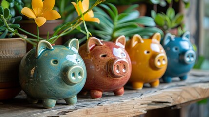 Obraz premium Detailed close shot of four ceramic piggy banks, differently colored, aligned on a wooden table, with vibrant plants in the backdrop