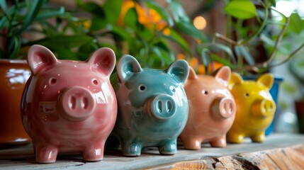 Obraz premium Detailed close shot of four ceramic piggy banks, differently colored, aligned on a wooden table, with vibrant plants in the backdrop