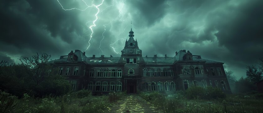Abandoned asylum with dark clouds, lightning, and thunder, eerie ambiance, horror scene
