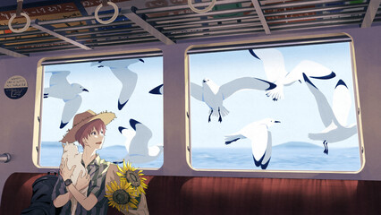 電車に乗る男の子とカモメ/イラスト/ひまわり