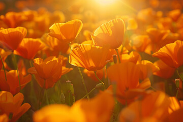 Obraz premium A field of orange poppies glowing under the setting sun.