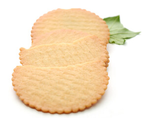Spice Corn cookies isolated on white background. Tasty biscuits isolated, A stack of delicious wheat round biscuits with a few crumbs