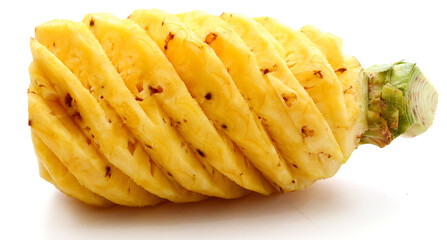 Fresh ripe pineapple, pineapple fruit slice isolated. Juicy fruit composition design element with stacked focus, white background. Tropical fruit delicious ingredients, healthy nutrition concept
