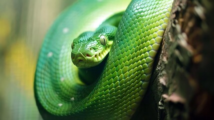Close up of green snake on tree branch. Wildlife background concept.