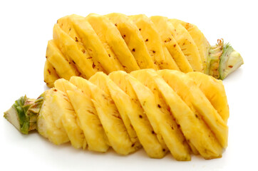 Fresh ripe pineapple, pineapple fruit slice isolated. Juicy fruit composition design element with stacked focus, white background. Tropical fruit delicious ingredients, healthy nutrition concept
