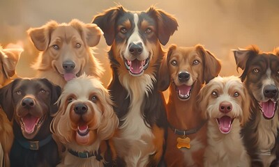 Group portrait of dogs of various shapes, sizes, and breeds. Stray pets with happy expression waiting for adoption. 4K Video.