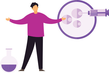 A boy is showing experiments on cell.