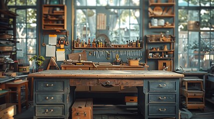 Detailed focus on a wooden workbench featuring an organized chaos of tools, raw wood, and art pieces, with a blurred workshop environment in the background.