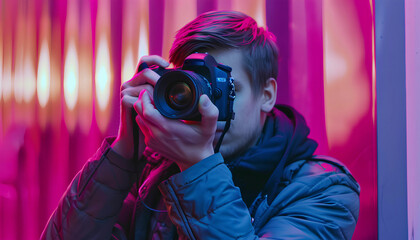 Professional photographer taking photos with a pro camera isolated on pastel background , copy space, temple design, World Photography Day concept