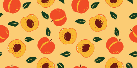 Apricot peach seamless pattern. Vector design of peach apricot slices with leaves for fabric, paper, cover, wallpaper, decoration, and other use. Vector illustration
