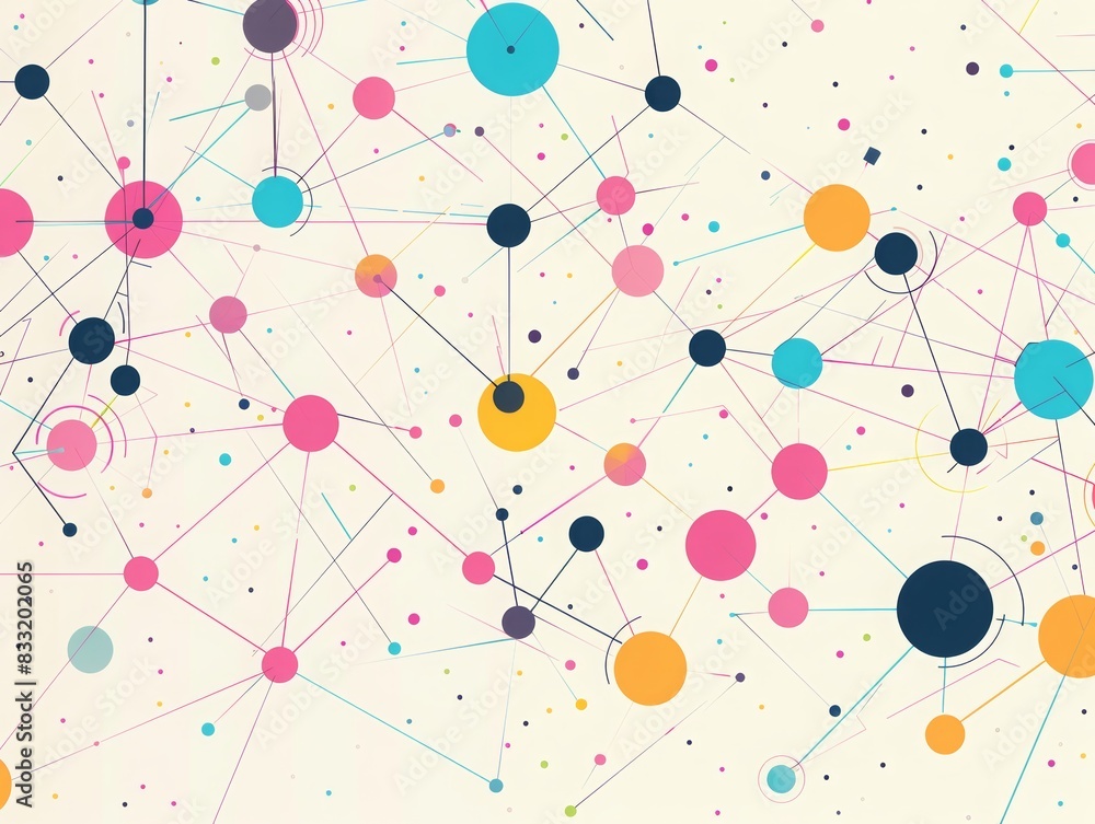 Poster abstract colorful connected dots and lines on white background.