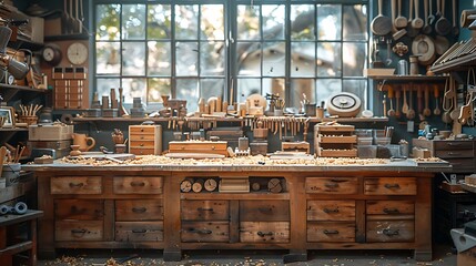 Intimate view of a craftsman's workbench with an assortment of tools, wood pieces, and artisan creations, set against a diffuse, tool-laden workshop background.