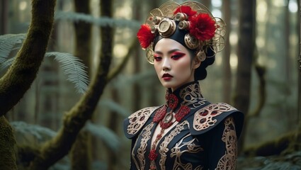 3D rendering of a Japanese fashion model, red makeup. Amidst a lush, vibrant forest,