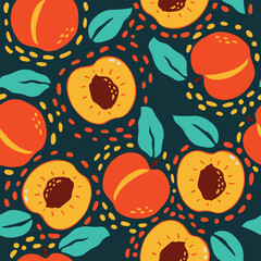 Apricot peach seamless pattern. Vector design of peach apricot slices with leaves for fabric, paper, cover, wallpaper, decoration, and other use. Vector illustration