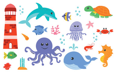Obraz premium Set of cute sea animals. Turtle, octopus, whale drawn in cartoon style. Children illustration