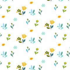 Print. Vector illustrationSeamless pattern featuring simple, bright flowers and plants in folk art style on a white background. Ideal for textiles, wallpapers, and spring designs. Incorporates vibrant