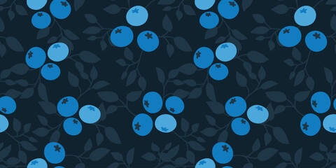 Blueberry seamless pattern. Flat blueberry fruit seamless pattern. Blueberry with leaf background for fabric, wrapping paper, wallpaper, textile, packaging, cover, interior, decoration, and other use.