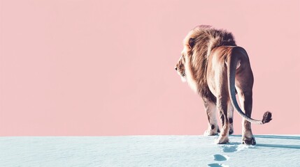 Lion shot from behind walking away and leaving footprints in the pastel blue sand, on a light pink background. Studio photo, minimalistic concept with copy space