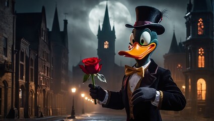 dark fantasy portrait of a Duck otherworldly glow. holding a beautiful bright red rose  sinister nighttime cityscape, with gothic buildings