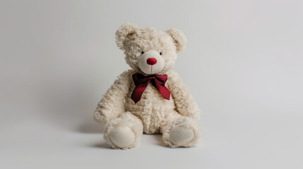 Teddy bear with red bow on white background. Classic teddy bear with a red bow, perfect for projects related to childhood, love, gifts, and more.