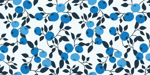 Blueberry seamless pattern. Flat blueberry fruit seamless pattern. Blueberry with leaf background for fabric, wrapping paper, wallpaper, textile, packaging, cover, interior, decoration, and other use.