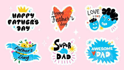 Happy Father’s Day stickers set. Hand drawn and texture cute elements for greeting and celebrate dad. Vector illustration.