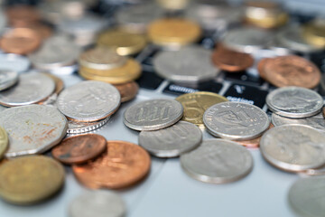 View of the various coins on the labtop