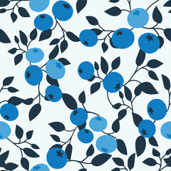 Blueberry seamless pattern. Flat blueberry fruit seamless pattern. Blueberry with leaf background for fabric, wrapping paper, wallpaper, textile, packaging, cover, interior, decoration, and other use.