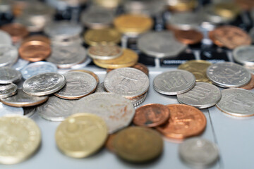 View of the various coins on the labtop