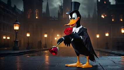 dark fantasy portrait of a Duck otherworldly glow. holding a beautiful bright red rose  sinister nighttime cityscape, with gothic buildings