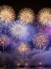 Naklejka premium fireworks by the river , fireworks in new year celebration