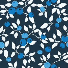 Blueberry seamless pattern. Flat blueberry fruit seamless pattern. Blueberries with leaves background for fabric, wrapping paper, wallpaper, textile, packaging, cover, interior, decoration.