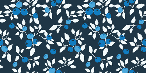 Blueberry seamless pattern. Flat blueberry fruit seamless pattern. Blueberries with leaves background for fabric, wrapping paper, wallpaper, textile, packaging, cover, interior, decoration.