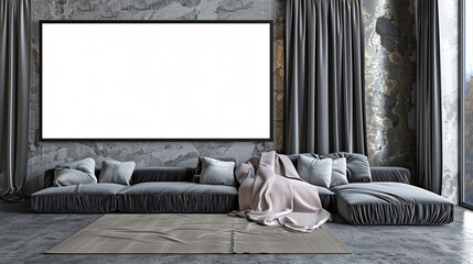 Slate gray velvet curtains complement a wide panoramic blank frame in a modern gallery.