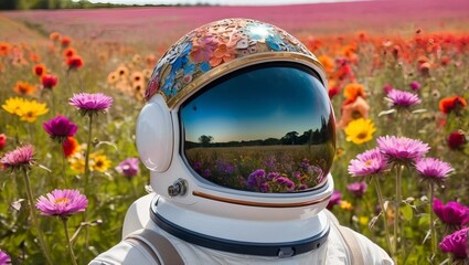 A vibrant and intricately designed astronaut helmet set against a backdrop of a lush field filled with colorful flowers.