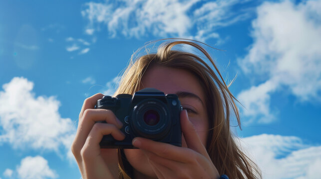 Woman facing forward holding black mirrorless camera, sky background with bright clouds, Ai generated Images - Powered by Adobe